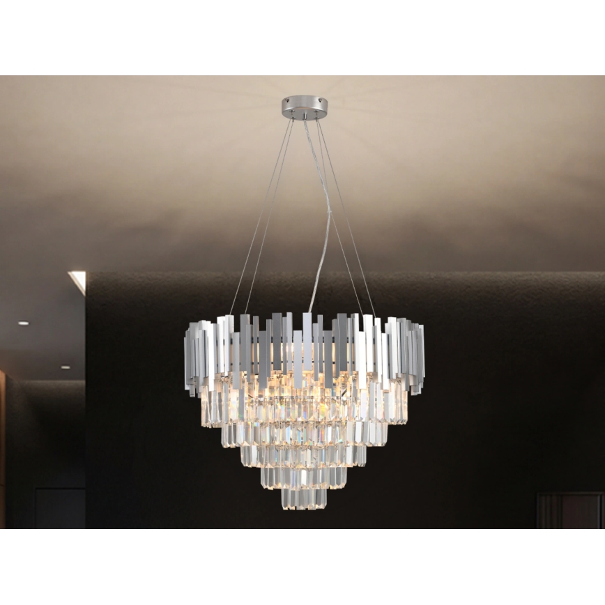 PLAZA cable-suspended crystal chandelier, 9xE14/40W/230V, Ø 60 cm, silver