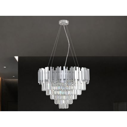 PLAZA cable-suspended crystal chandelier, 9xE14/40W/230V, Ø 60 cm, silver