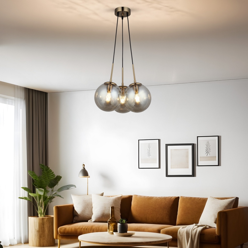 POLINO cable-suspended chandelier, 3 x E27/40W/230V, bronze