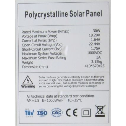 Polycrystalline 30W/12V Photovoltaic Solar Panel