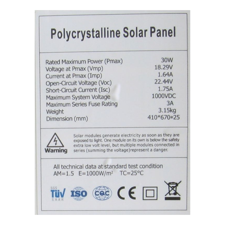 Polycrystalline 30W/12V Photovoltaic Solar Panel