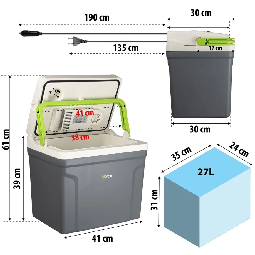 Portable car refrigerator with heating function 27 l 230V/12V/24V grey