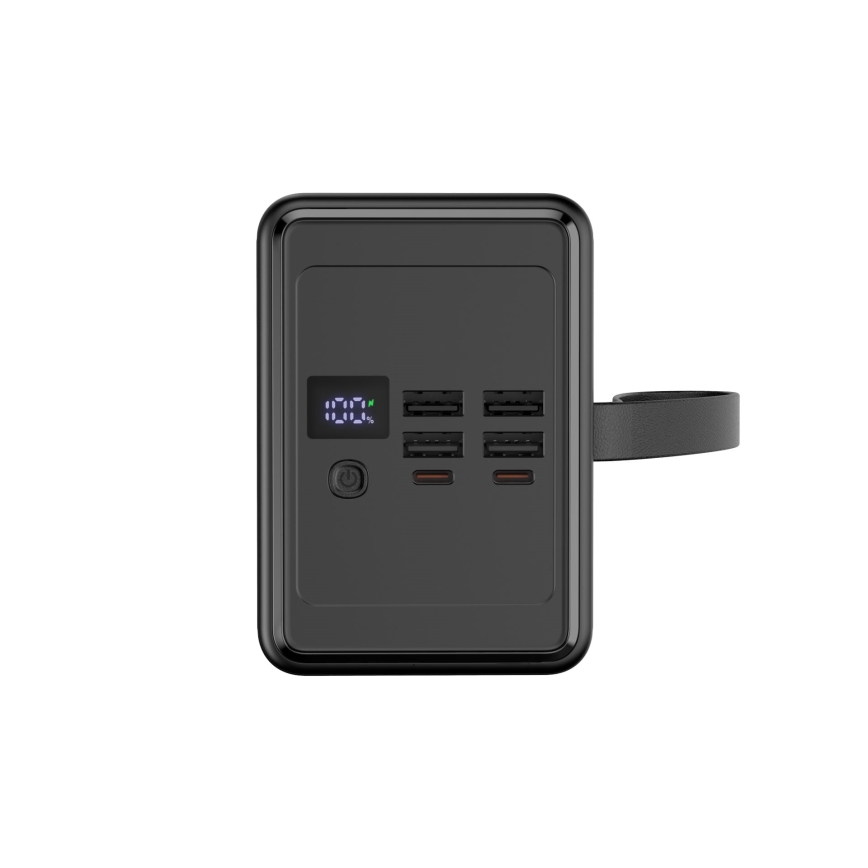Power Bank 8000 mAh Power Delivery, 4× USB-A + 2× USB-C with LED flashlight and 1 m USB-C cable, black