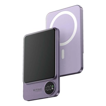 Power Bank with a display and wireless charging Power Delivery 5000mAh/20W/5V purple
