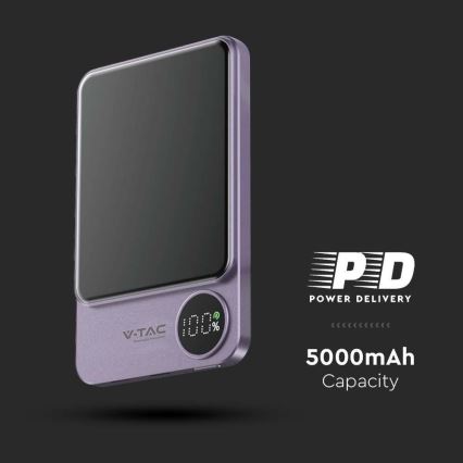 Power Bank with a display and wireless charging Power Delivery 5000mAh/20W/5V purple