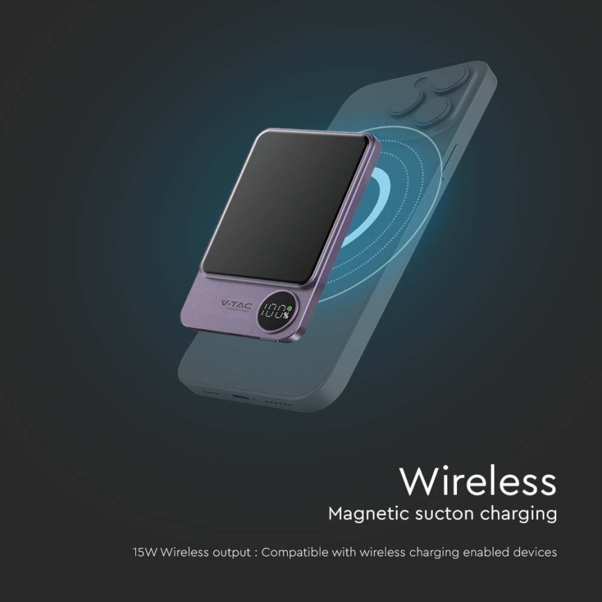 Power Bank with a display and wireless charging Power Delivery 5000mAh/20W/5V purple