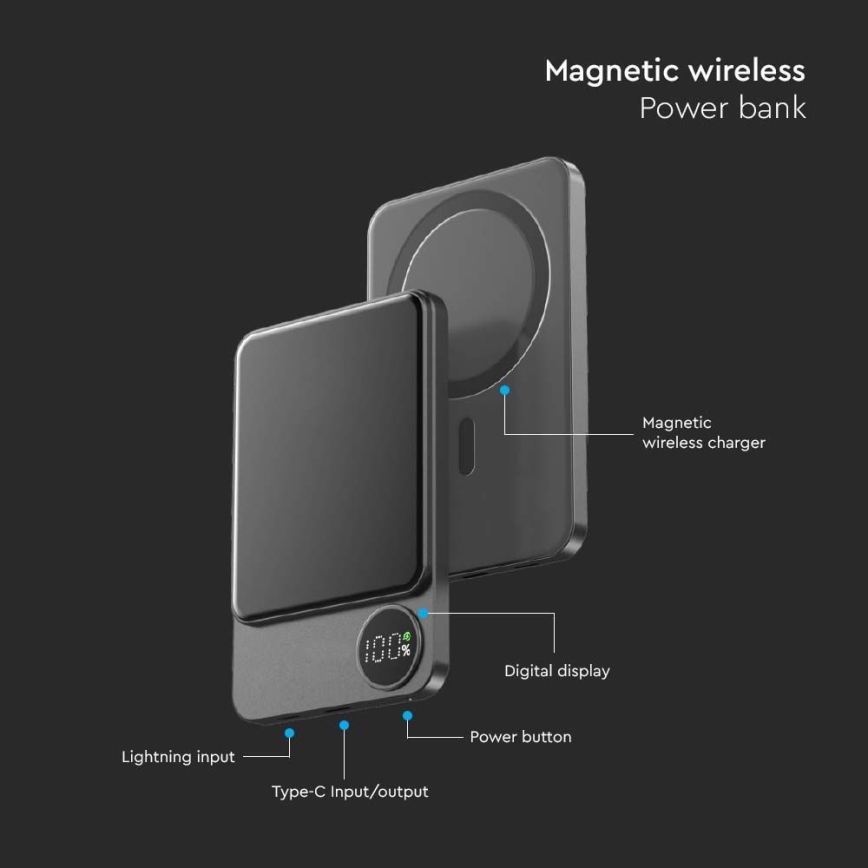 Power Bank with display and wireless charging Power Delivery 5000mAh/20W/5V black