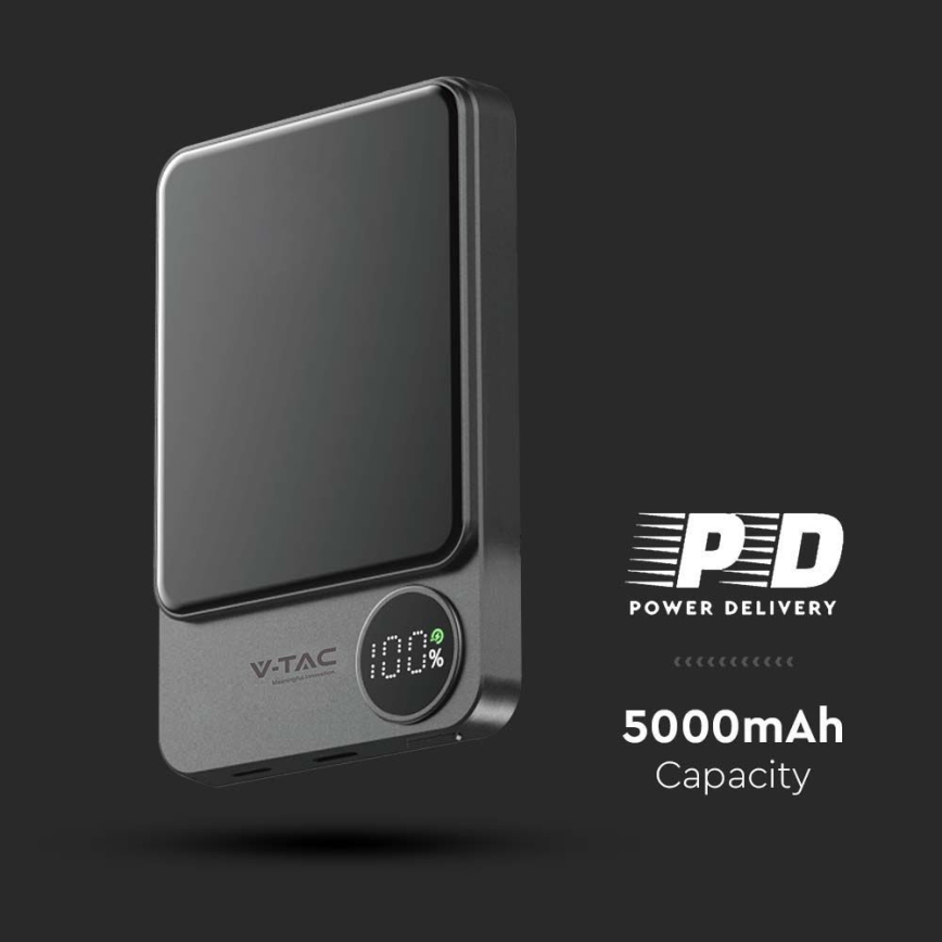 Power Bank with display and wireless charging Power Delivery 5000mAh/20W/5V black