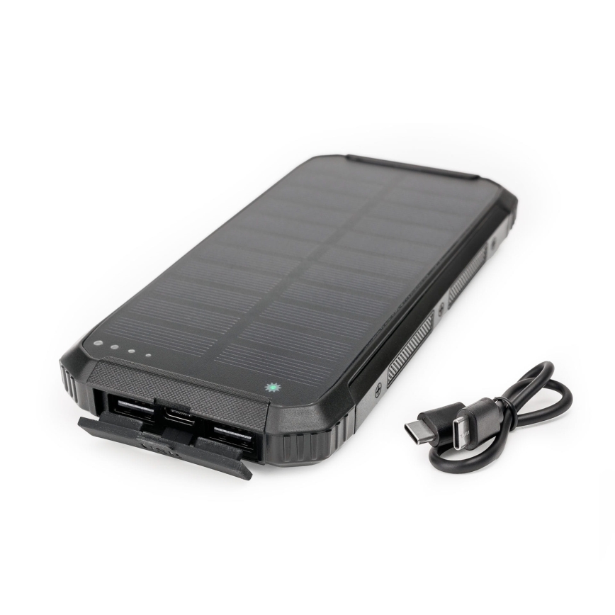 Power bank with LED light, wireless charging and solar panel Power Delivery 15W/10000 mAh black