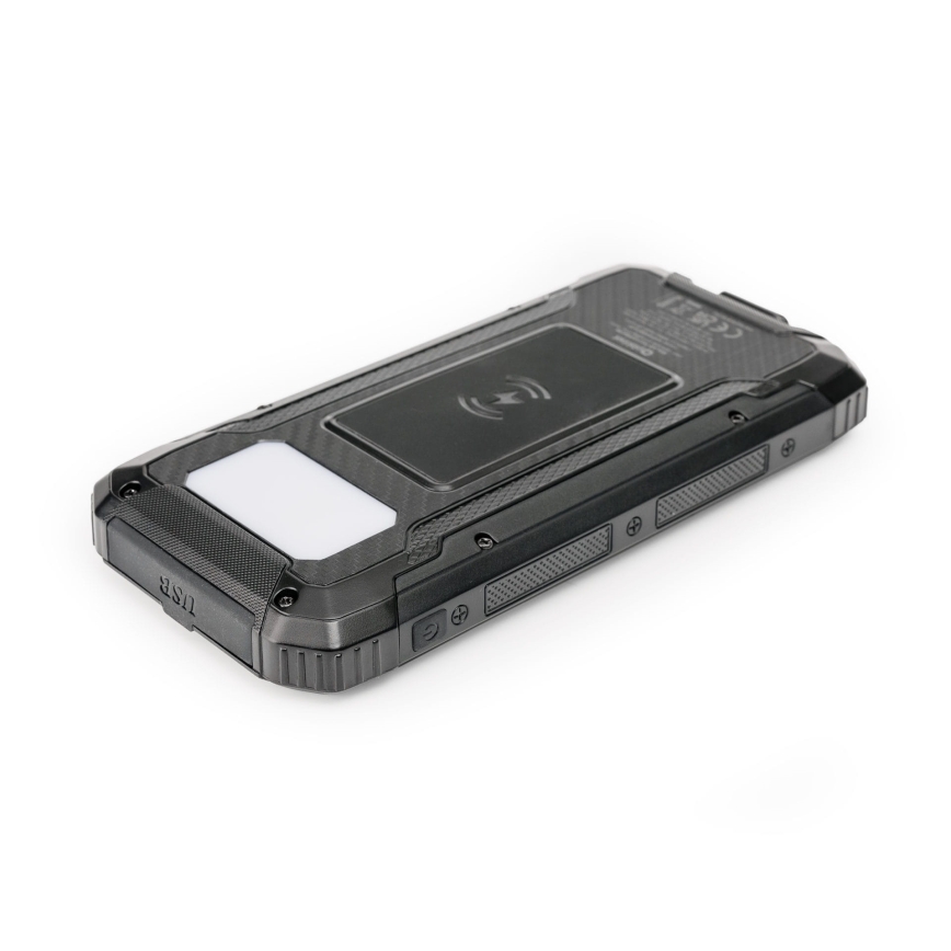 Power bank with LED light, wireless charging and solar panel Power Delivery 15W/10000 mAh black