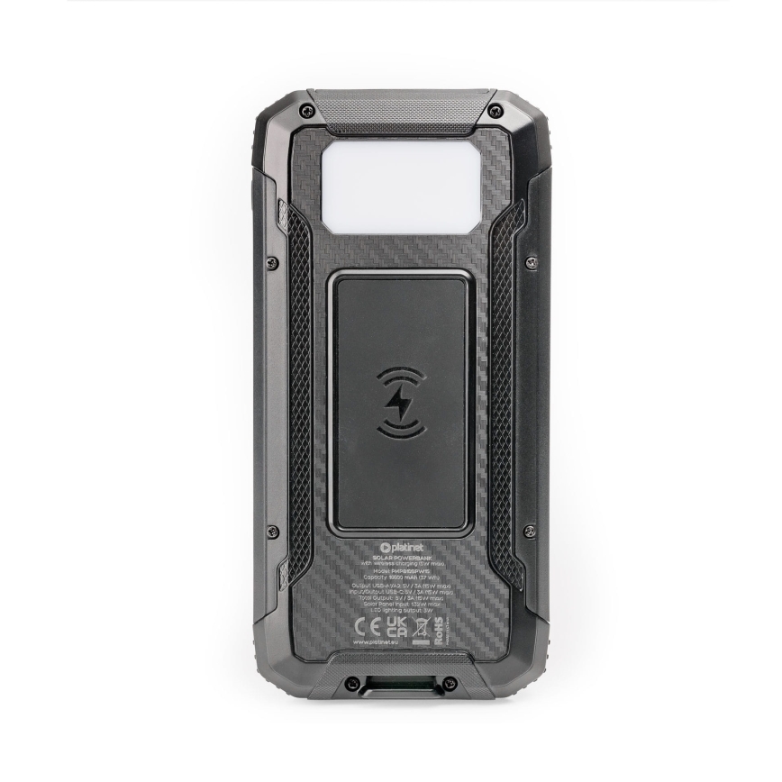 Power bank with LED light, wireless charging and solar panel Power Delivery 15W/10000 mAh black