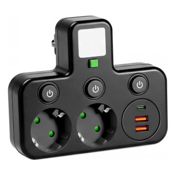 Power strip with switch and LED lighting LINEA PRO 2-socket + 3xUSB A/C SCHUKO 4000K black