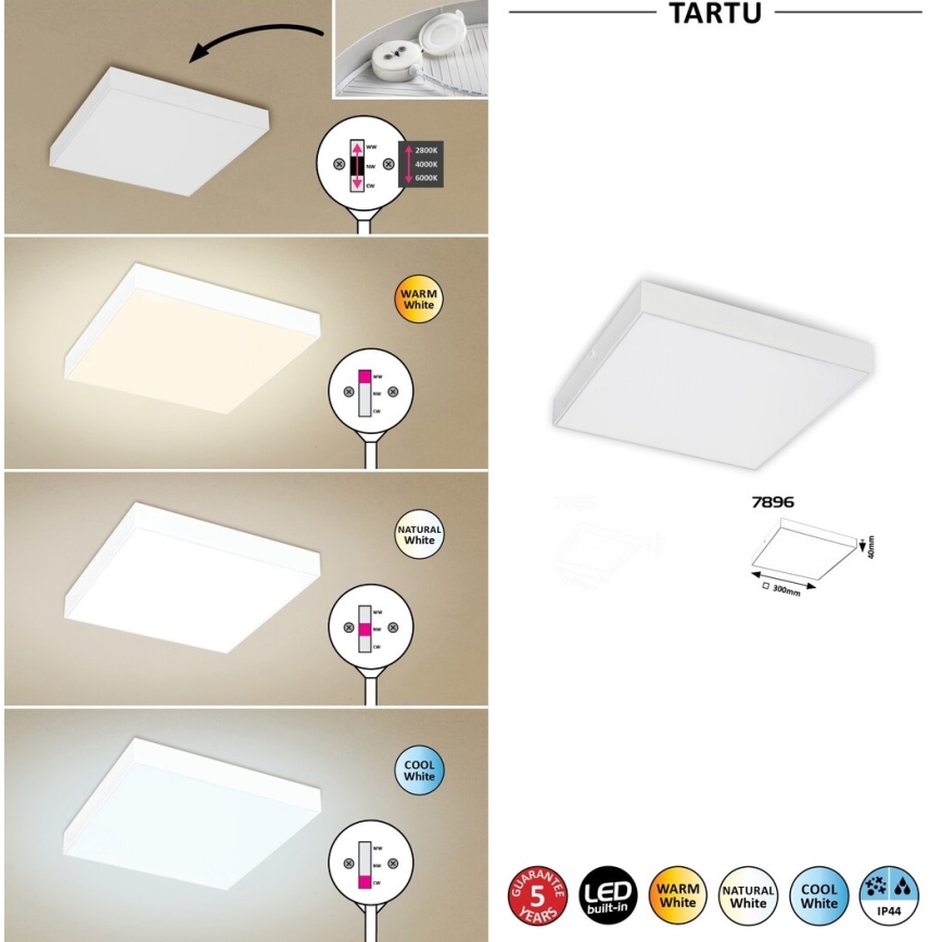 Rabalux - LED Ceiling Light, 24W/230V, 2800-6000K, IP44, White, 30x30 cm