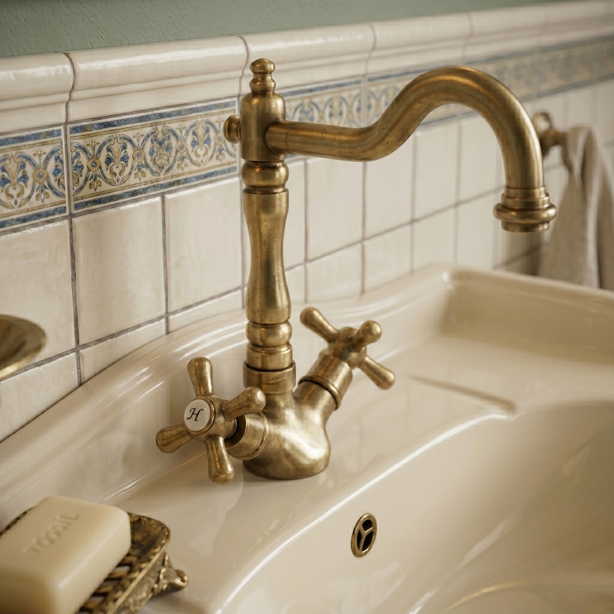 RAV Slezák MK121.0/8SM - Sink/Basin Mixer + MORAVA RETRO 22,4 cm Drain, Antique Brass