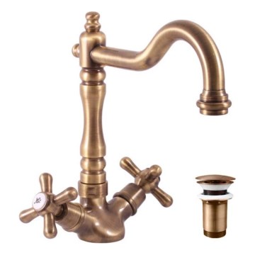 RAV Slezák MK121.0/8SM - Sink/Basin Mixer + MORAVA RETRO 22,4 cm Drain, Antique Brass