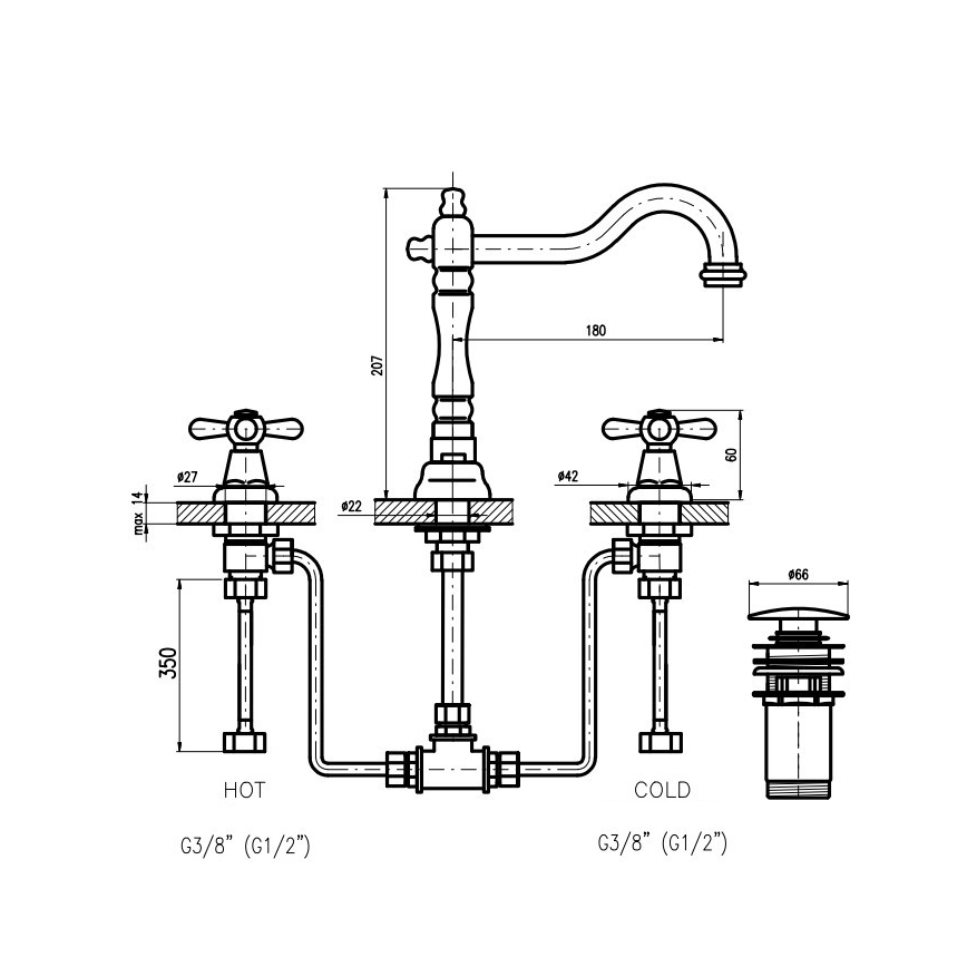 RAV Slezák MK132.0SM - Basin mixer with MORAVA RETRO drain, Antique Brass