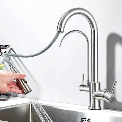 REA-B7564 - 37.5 cm nickel sink faucet with pull-out sprayer and ECO FRESH filtration