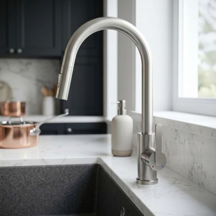 REA-B7573 - ONTARIO 38 cm Nickel Pull-Out Spray Kitchen Faucet
