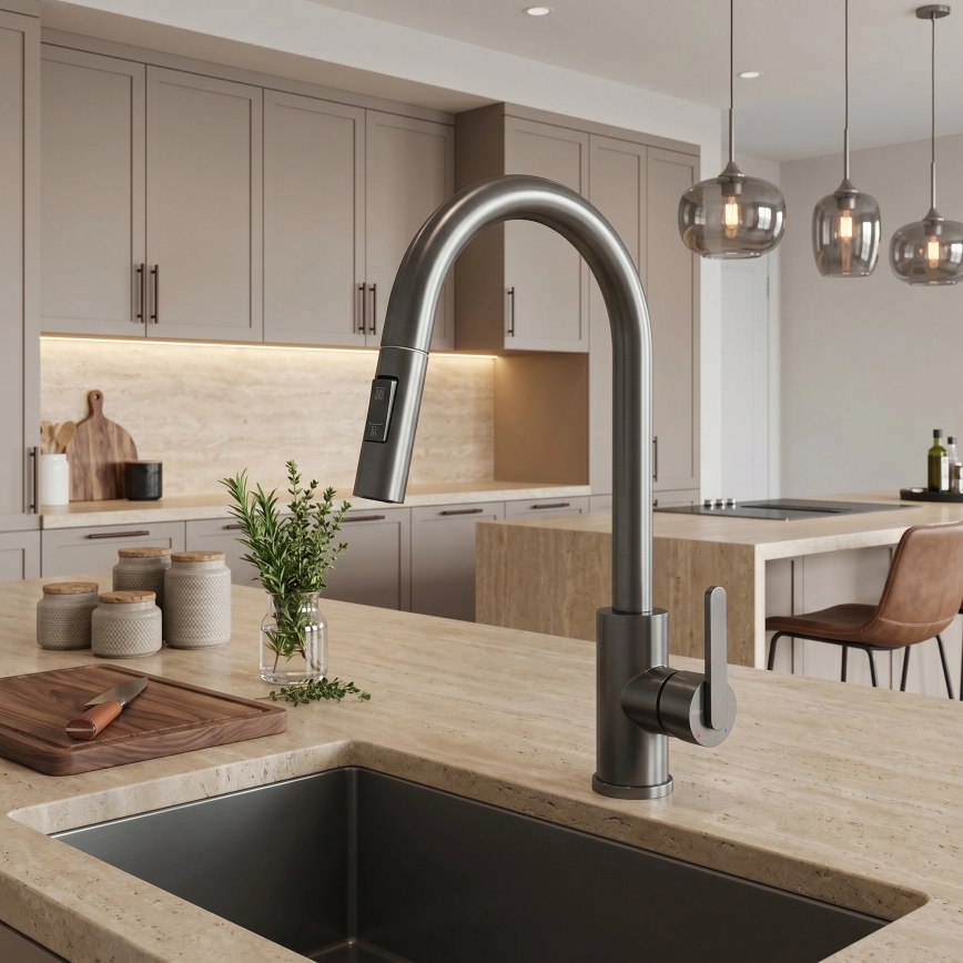 REA-B7574 - ONTARIO 38 cm Kitchen Faucet with Pull-Out Sprayer, Titanium