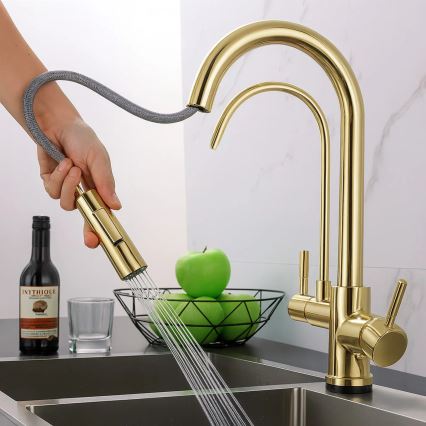 REA-B8989 - Kitchen sink faucet with pull-out sprayer and ECO FRESH filtration, 37.5 cm, gold