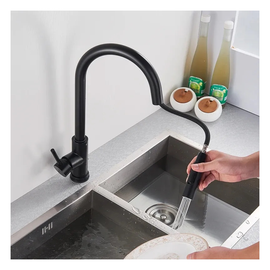 REA-B9147 - FRESH 39.5 cm Matte Black Kitchen Faucet with Pull-Out Sprayer