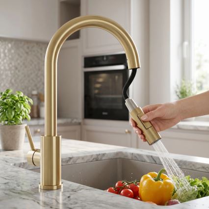 REA-B9842 - Touch-activated kitchen faucet with pull-out spray head FRESH TOUCH 37 cm 4xAA brushed gold