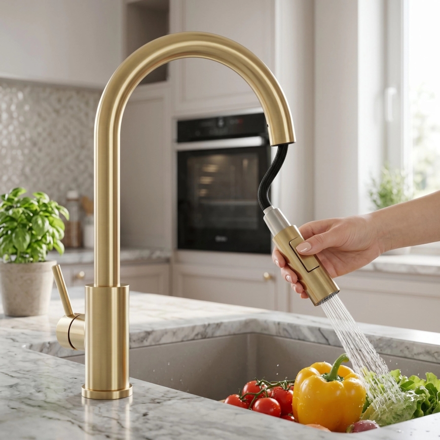 REA-B9842 - Touch-activated kitchen faucet with pull-out spray head FRESH TOUCH 37 cm 4xAA brushed gold