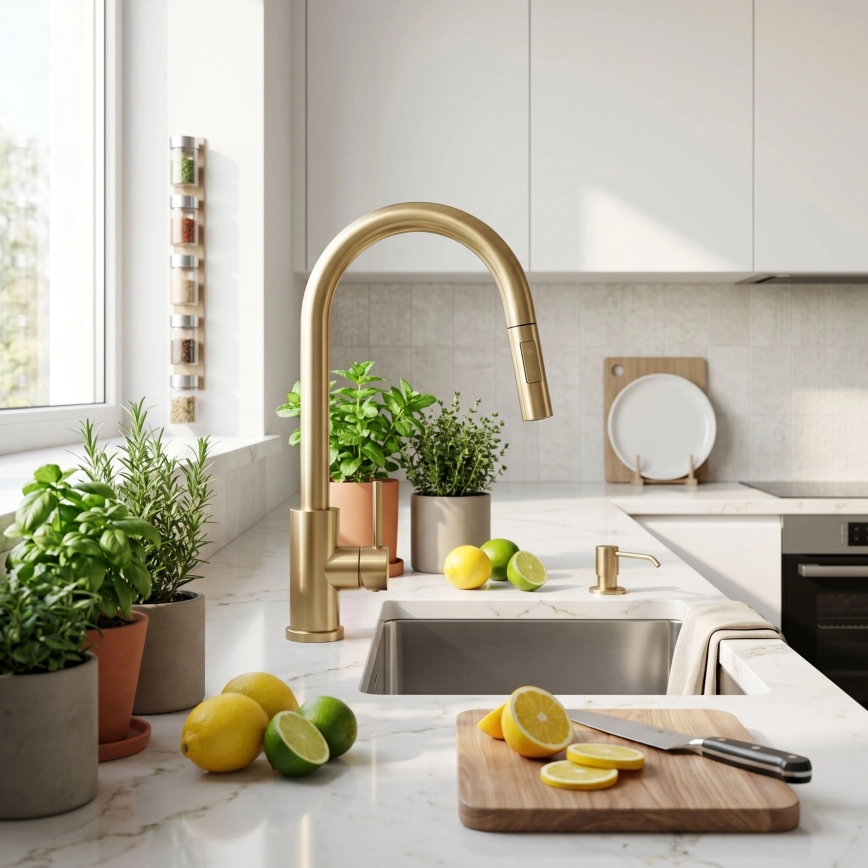 REA-B9842 - Touch-activated kitchen faucet with pull-out spray head FRESH TOUCH 37 cm 4xAA brushed gold