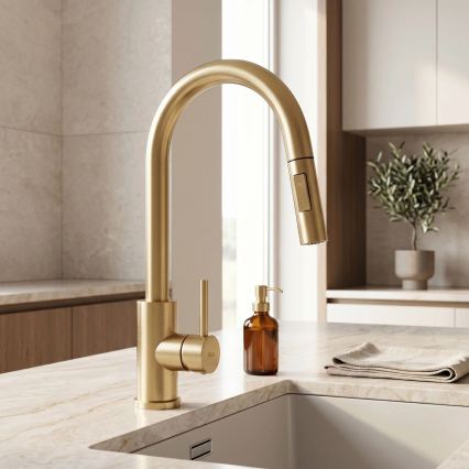 REA-B9842 - Touch-activated kitchen faucet with pull-out spray head FRESH TOUCH 37 cm 4xAA brushed gold