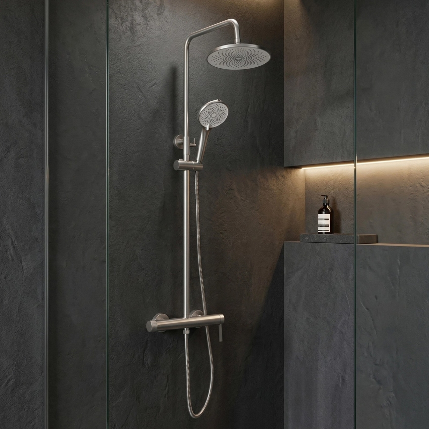 REA-P9498 - RIVO shower set with mixer, brushed steel finish
