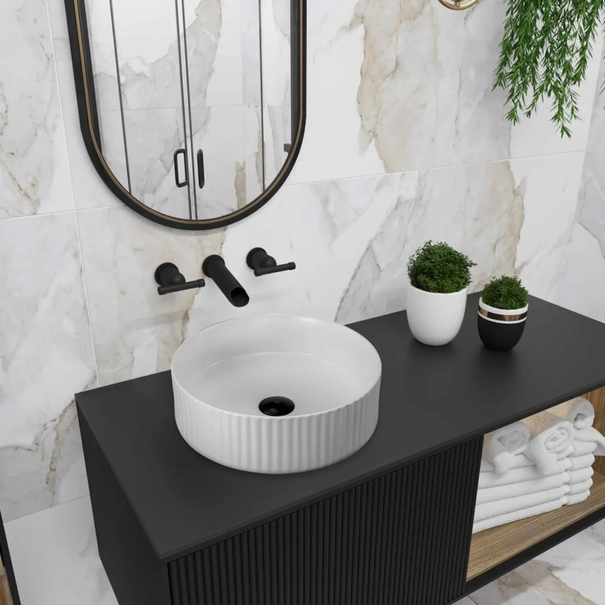 REA-U0601 - DELIA 36 cm Countertop Basin, Glossy White / Stone Effect