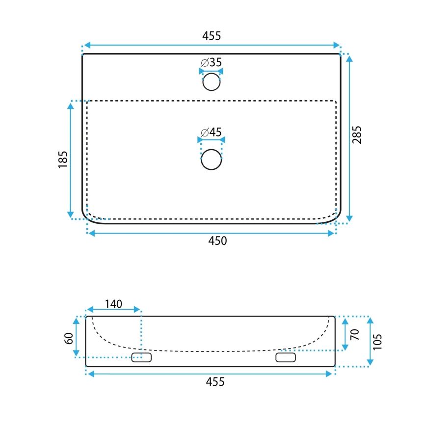 REA-U0630 - NAOMI 28.5 x 45.5 cm Countertop/Wall-Mounted Washbasin, Ceramic/White