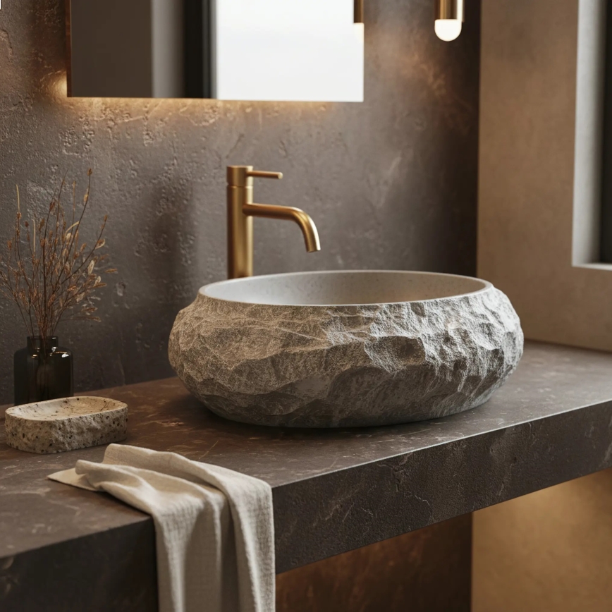 REA-U0633 - MIKA GABRO Countertop Basin 38x50 cm, Gray Stone Effect