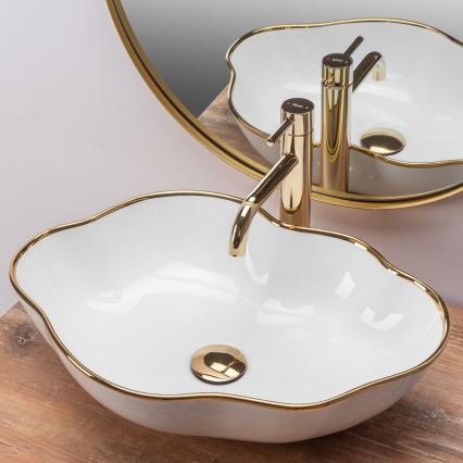 REA-U0696 - Countertop-mounted washbasin PEARL 38x50,5 cm ceramic/glossy white/gold