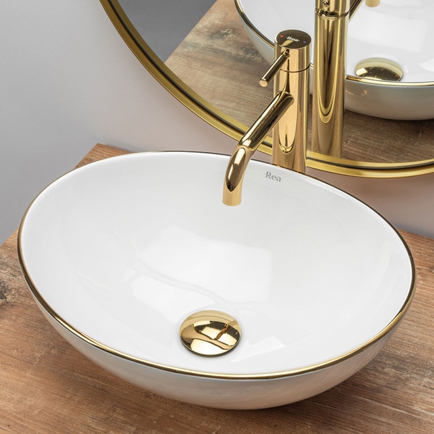REA-U3287 - SOFIA Countertop Basin 34.5 x 41 cm Ceramic/Glossy White/Gold
