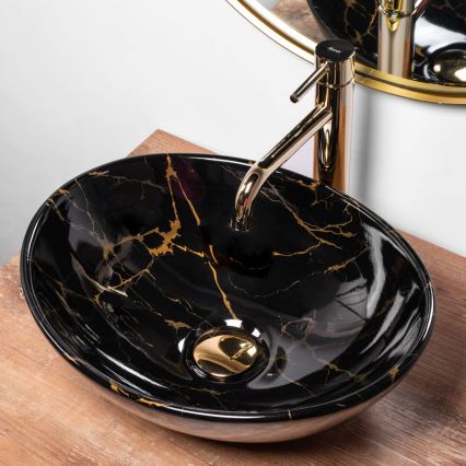 REA-U5611 - Countertop washbasin SOFIA 34.5x41 cm ceramic/black/marble decor