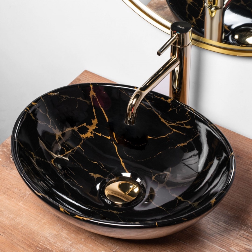 REA-U5611 - Countertop washbasin SOFIA 34.5x41 cm ceramic/black/marble decor