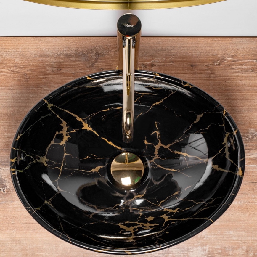 REA-U5611 - Countertop washbasin SOFIA 34.5x41 cm ceramic/black/marble decor