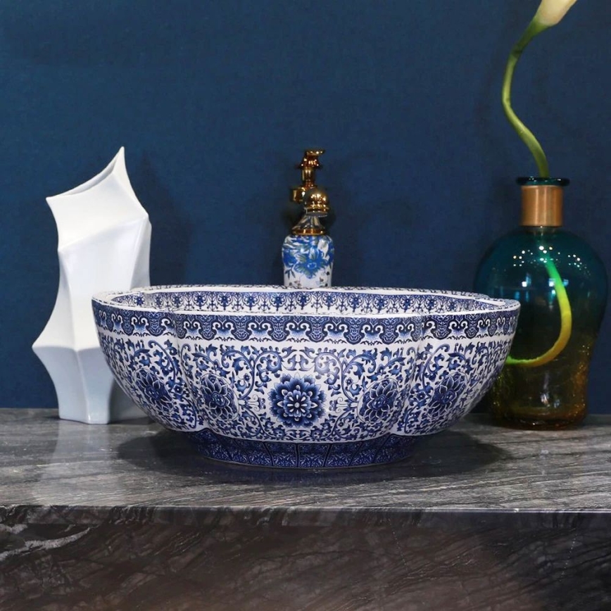 REA-U5666 - VIVIEN countertop basin Ø 42.5 cm, ceramic with ornamental pattern