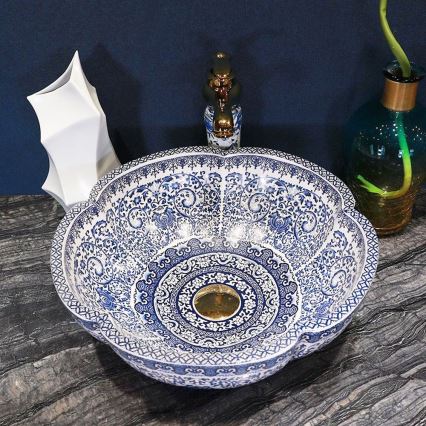 REA-U5666 - VIVIEN countertop basin Ø 42.5 cm, ceramic with ornamental pattern