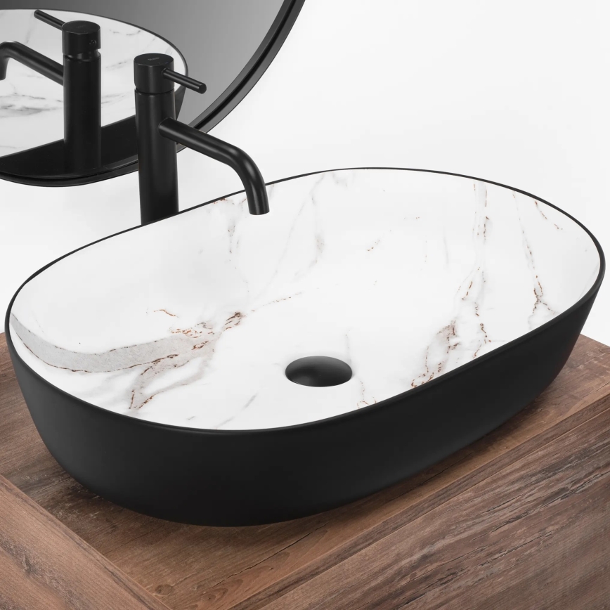 REA-U6625 - CLEO countertop washbasin 41x60,5 cm ceramic/black/white/marble decor