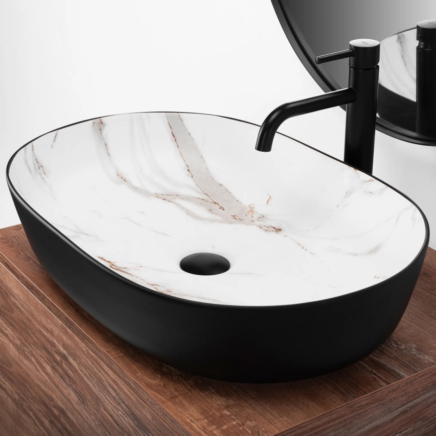 REA-U6625 - CLEO countertop washbasin 41x60,5 cm ceramic/black/white/marble decor