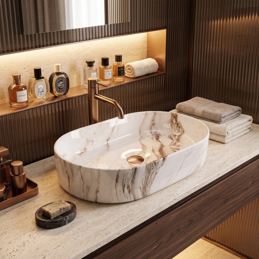 REA-U9239 - NADIA 38.5 x 61 cm Countertop Washbasin, Ceramic, Beige Stone Effect