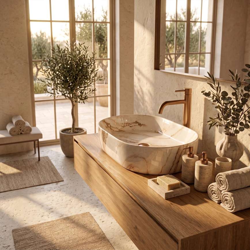 REA-U9239 - NADIA 38.5 x 61 cm Countertop Washbasin, Ceramic, Beige Stone Effect