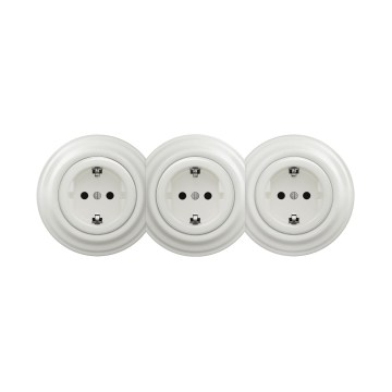 Reblig - 3-Gang Retro Schuko Wall Socket with Frame, 230V, White Ceramic