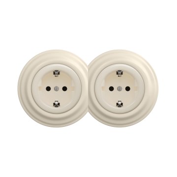 Reblig - Double Retro Household SCHUKO Socket with Frame, 230V, Beige