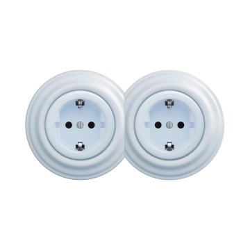 Reblig - Double retro household Schuko socket with frame 230V blue