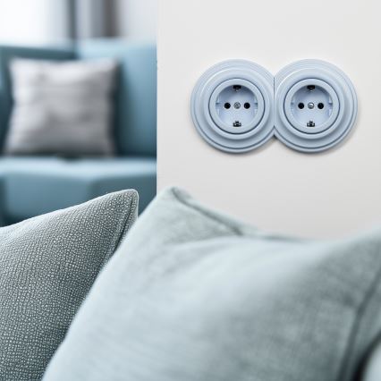 Reblig - Double retro household Schuko socket with frame 230V blue