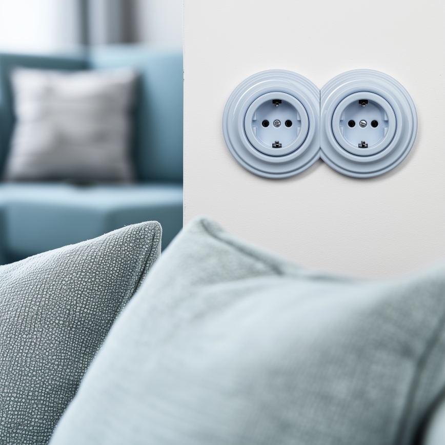 Reblig - Double retro household Schuko socket with frame 230V blue