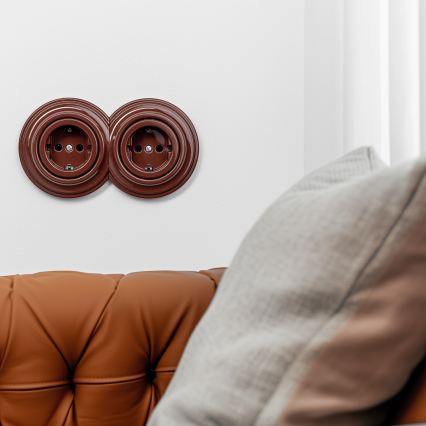 Reblig - Double Retro Residential Socket with Frame 230V, Brown